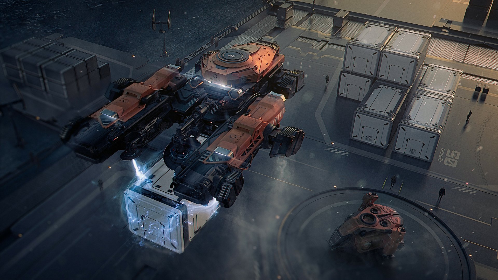 A detailed HD wallpaper featuring a spaceship from the video game Star Citizen, set against a backdrop of cargo containers and a futuristic environment.