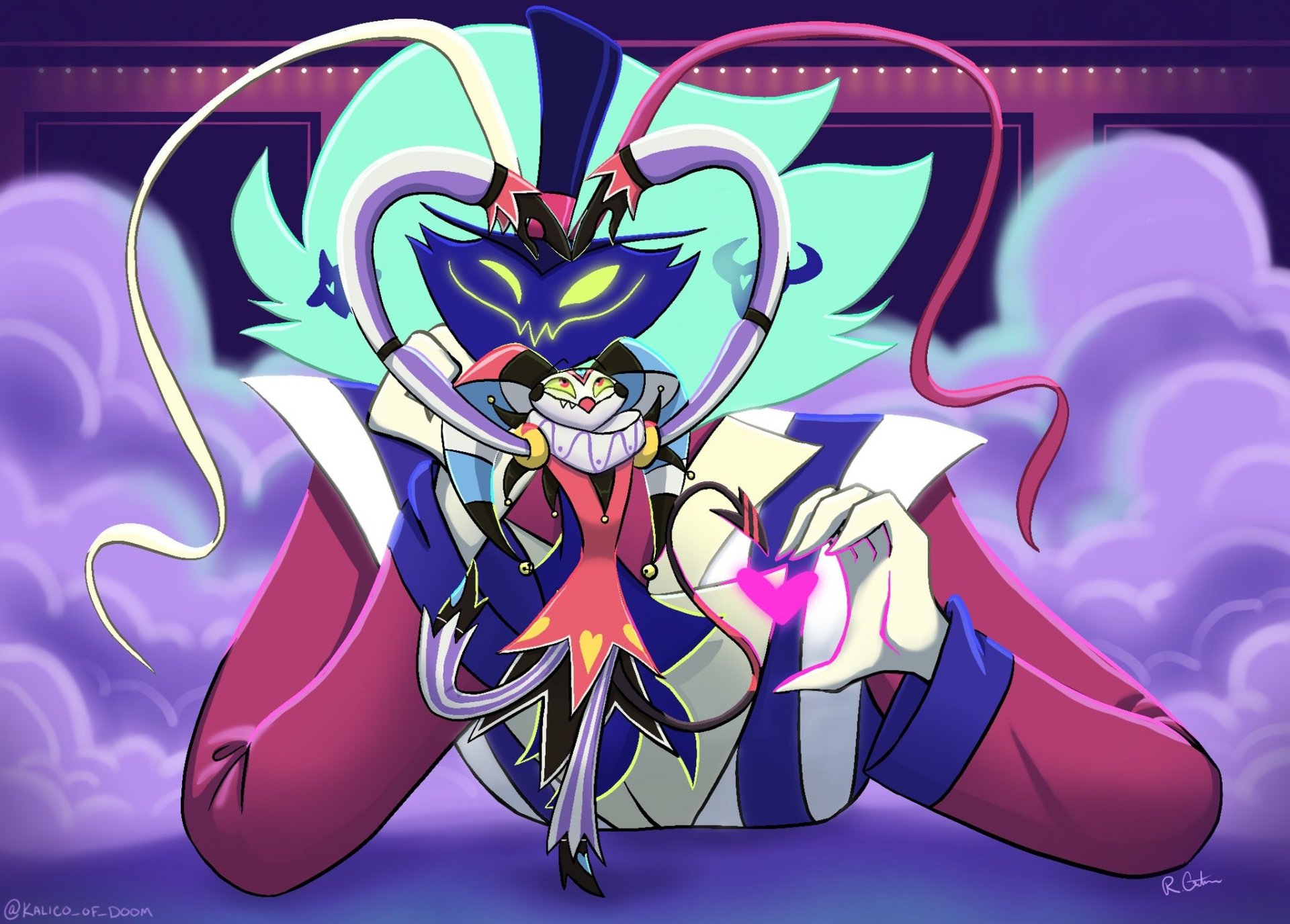 HD PC desktop wallpaper featuring Fizzarolli and Asmodeus from the TV show Helluva Boss in a vibrant, dynamic scene with bold colors and dramatic lighting.