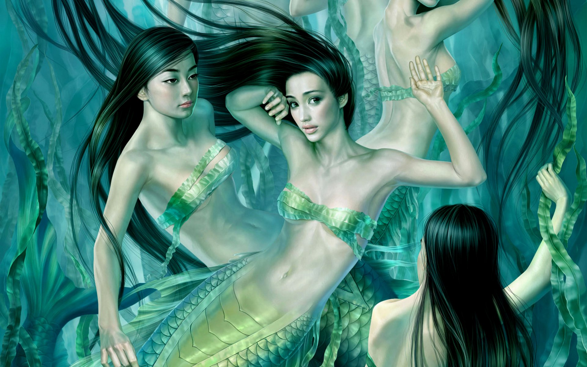HD fantasy desktop wallpaper featuring a group of mermaids with flowing hair and green tails swimming underwater.
