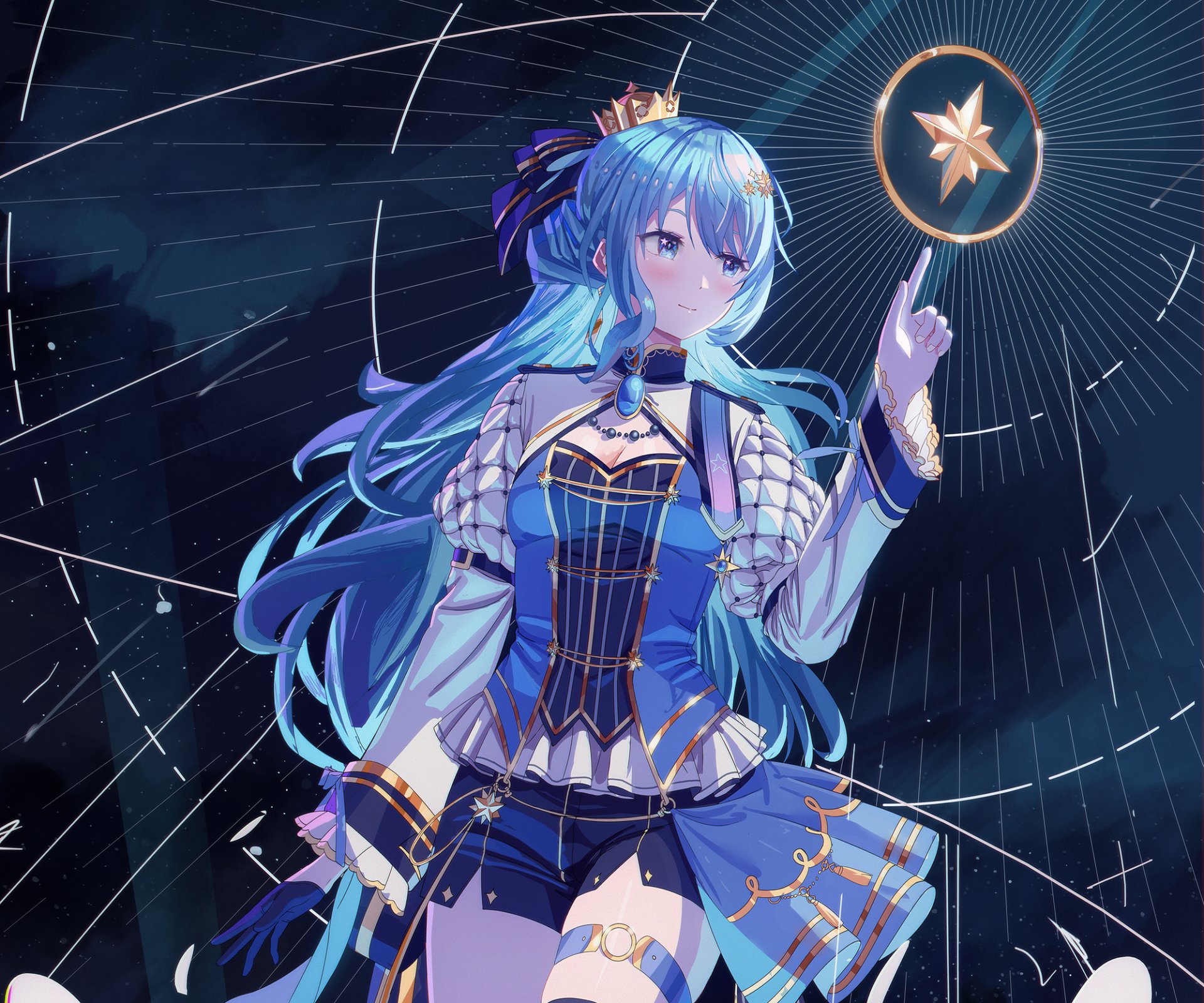 HD PC desktop wallpaper of Hoshimachi Suisei (hololive) — anime Virtual YouTuber with long blue hair in a blue ornate outfit, reaching toward a glowing star in a cosmic night sky
