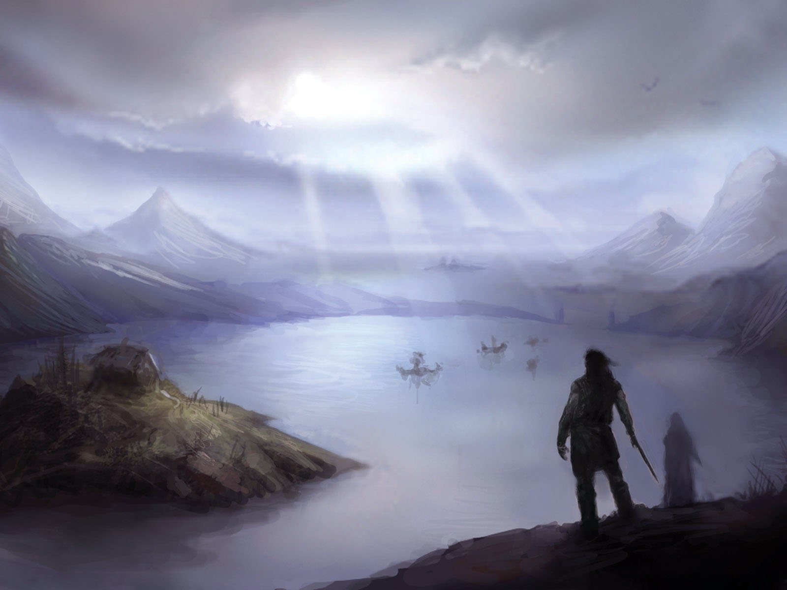 A misty fantasy landscape with mountains, a calm lake, and ethereal light beams, featuring two figures observing boats in the distance. HD PC desktop wallpaper.