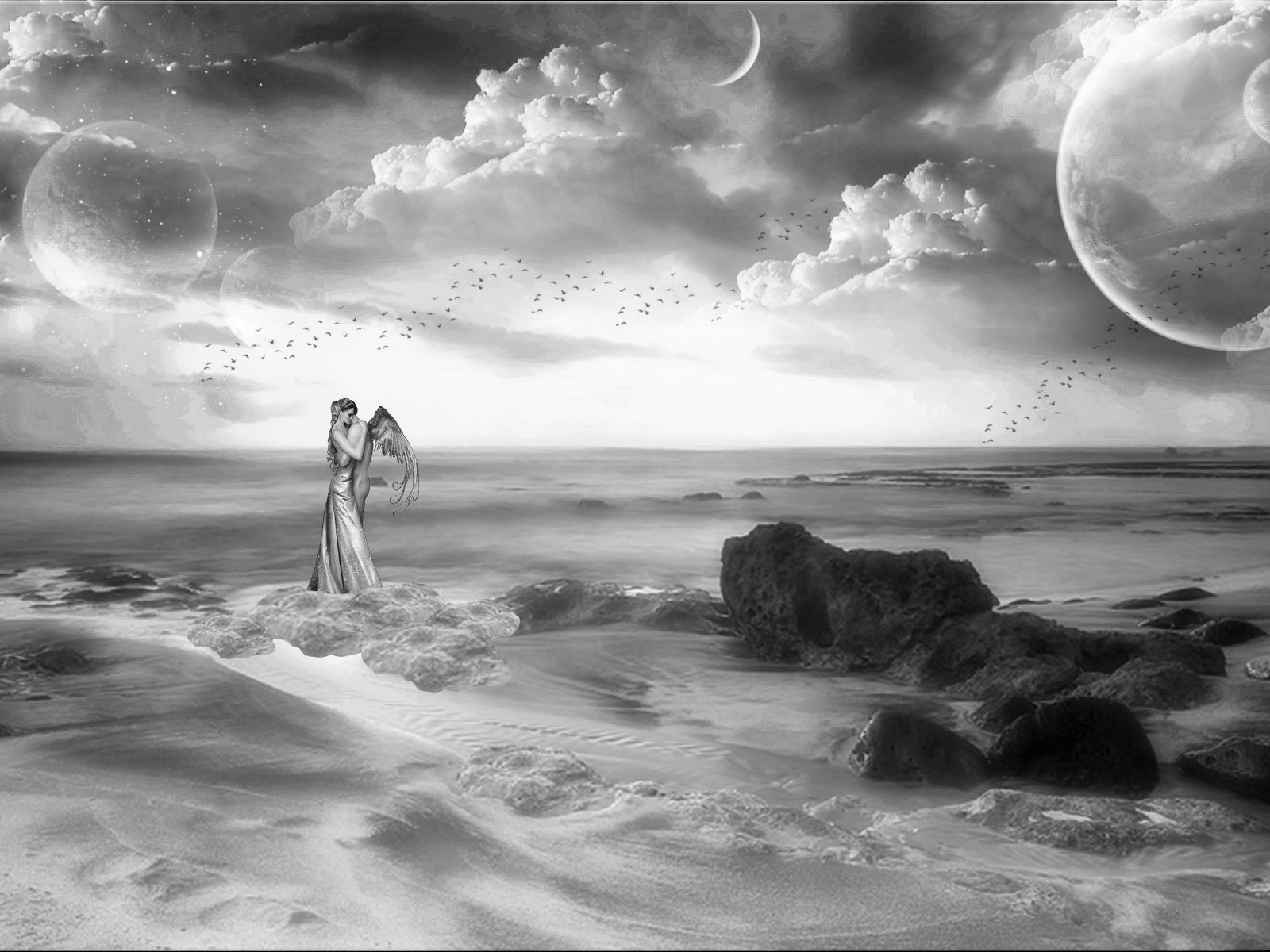 A serene fantasy scene featuring an angelic figure in a flowing gown standing on a rocky shoreline, with dramatic clouds and celestial bodies in the sky, creating a captivating HD background.
