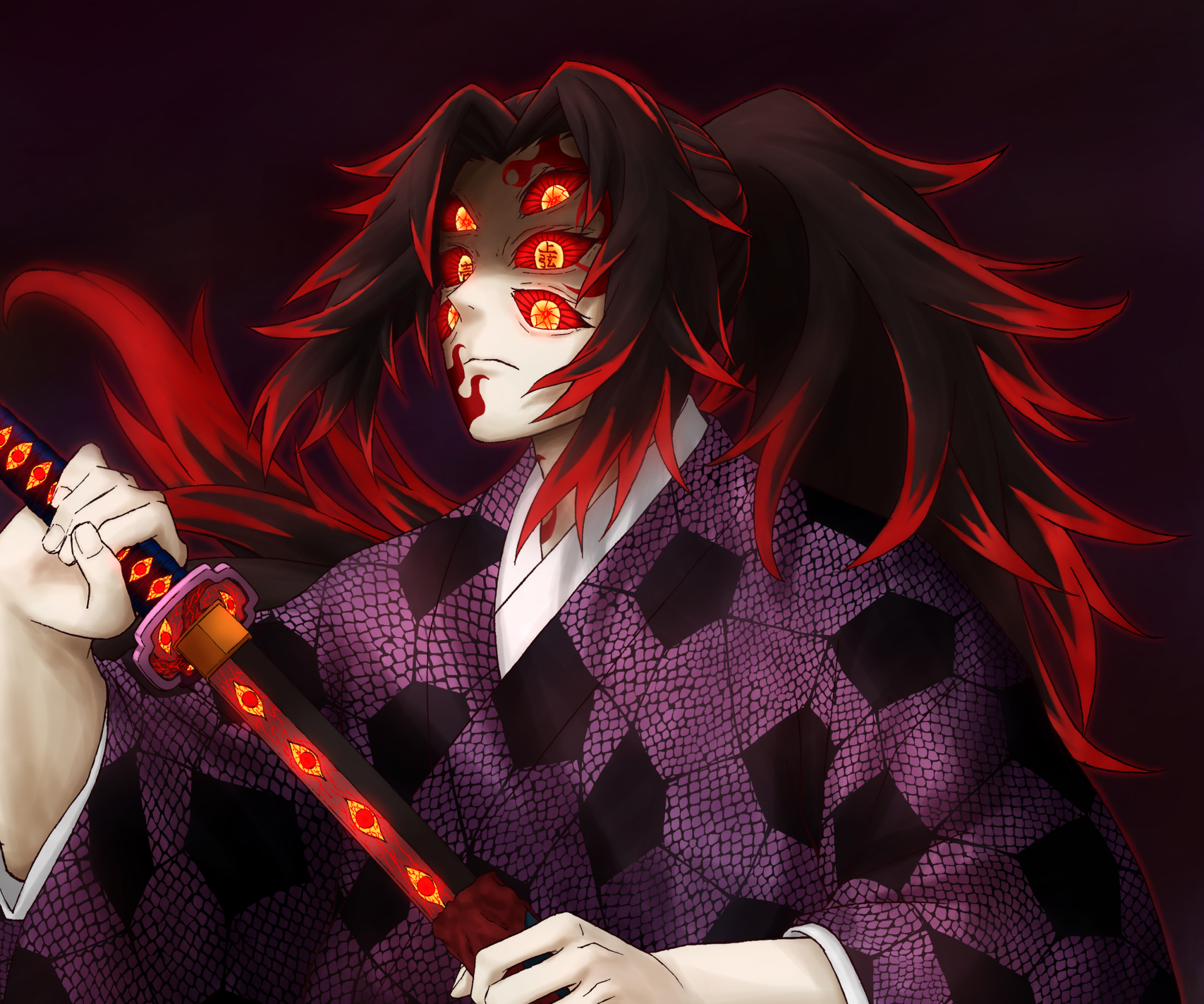 HD anime desktop wallpaper featuring Kokushibo from Demon Slayer: Kimetsu no Yaiba, showcasing his multiple red eyes and wielding a katana with fiery red accents.