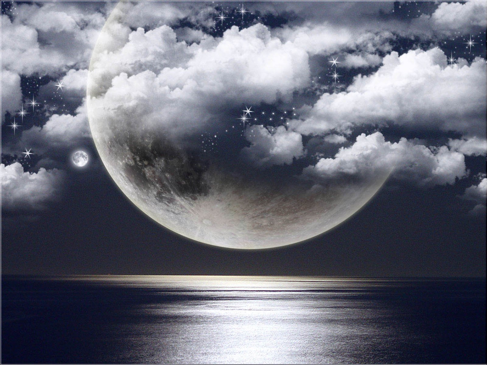 Artistic HD desktop wallpaper featuring a large crescent moon partially obscured by clouds over a shimmering water surface under a starry night sky.