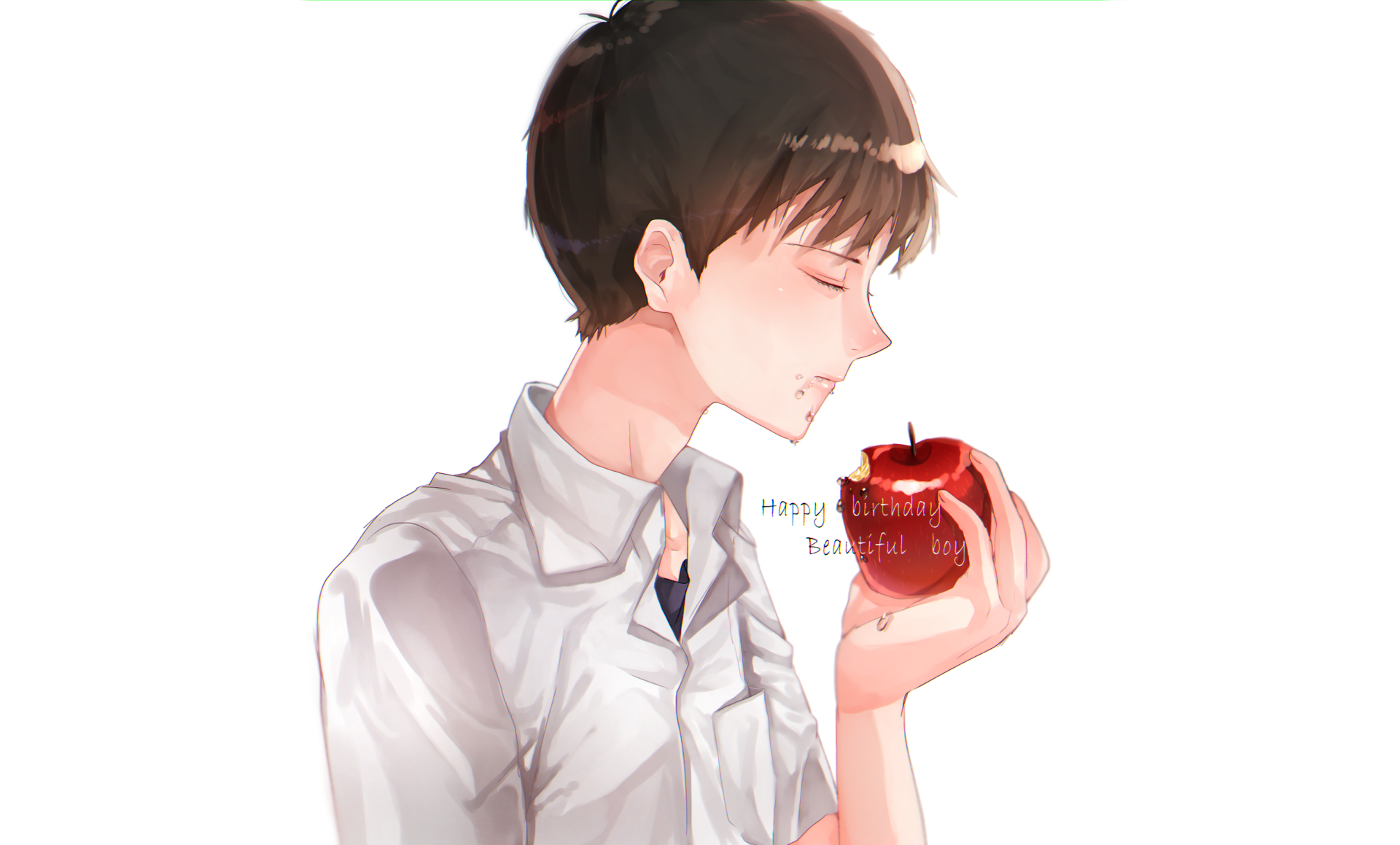 Shinji Ikari (Neon Genesis Evangelion) in profile with eyes closed, holding a red apple on a white background — anime 2K Quad HD PC desktop wallpaper/background