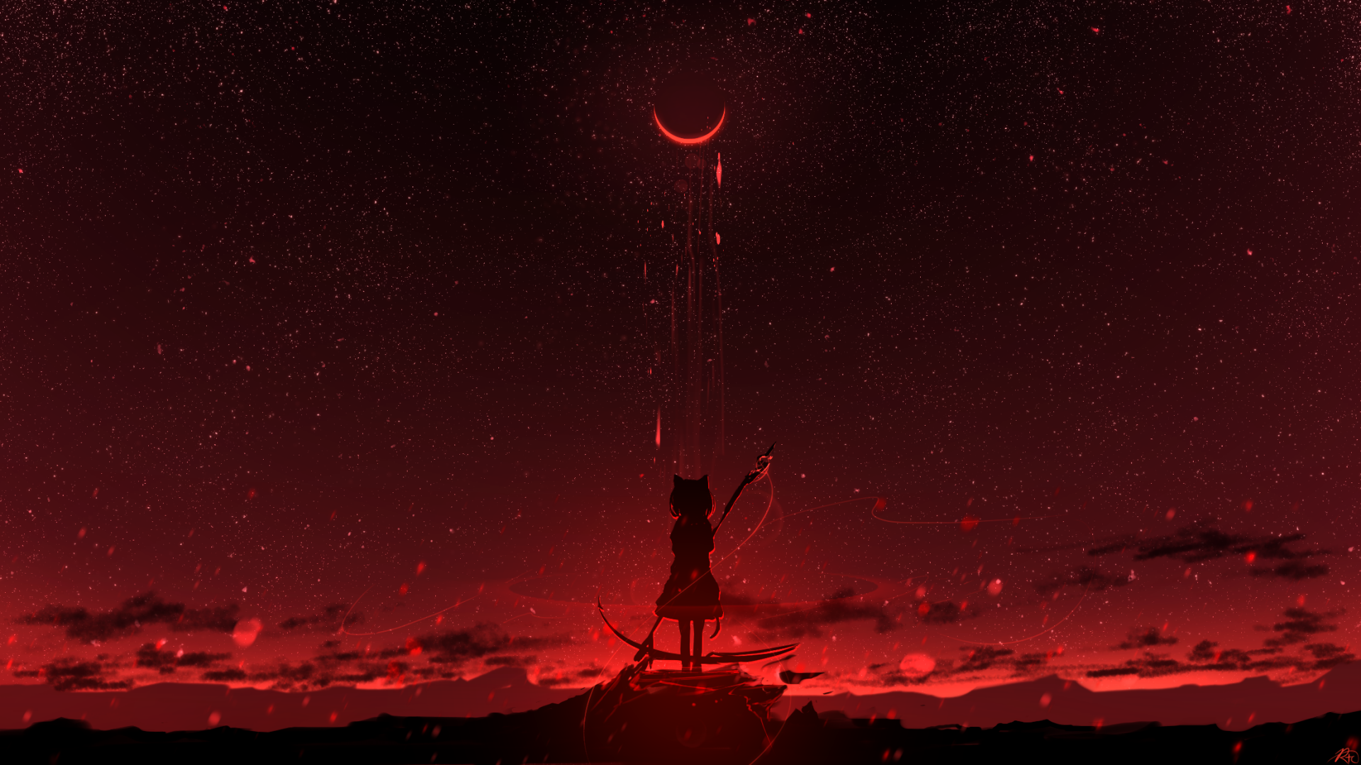 HD PC desktop wallpaper/background: an anime night sky with a silhouetted anime girl on a cliff beneath a crimson crescent moon and scattered stars.