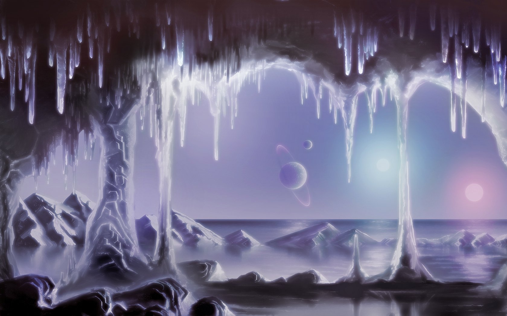 HD PC desktop wallpaper and background: sci‑fi icy landscape with hanging icicles and crystalline arches over an alien shoreline, distant planets and a glowing, luminescent horizon.