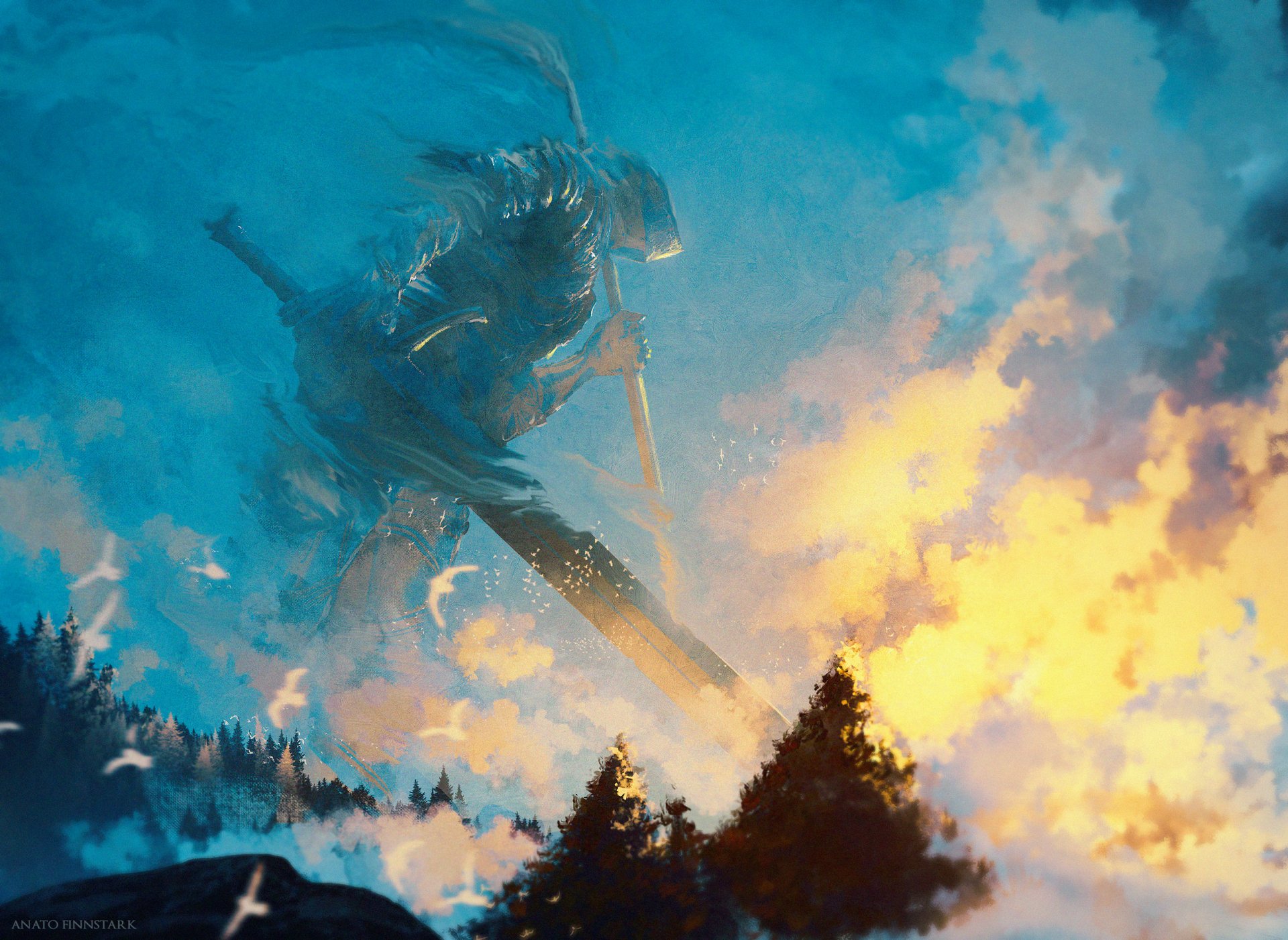 A dramatic HD wallpaper inspired by Elden Ring, showcasing a giant figure against a vivid sky filled with clouds and flames, surrounded by a serene forest landscape below.