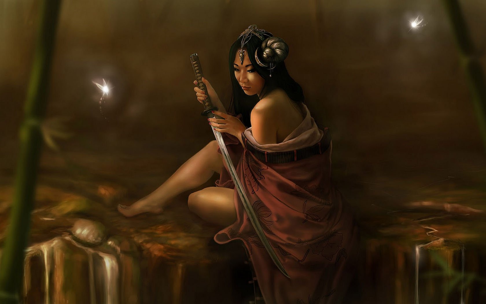Fantasy HD desktop wallpaper featuring a woman in a dimly lit forest, holding a sword, with a mystical ambiance created by glowing lights and bamboo stems.