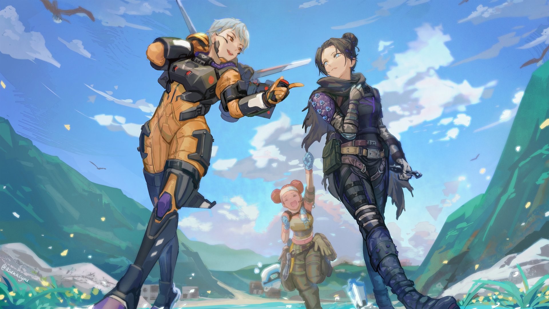 HD PC wallpaper of Apex Legends characters Valkyrie, Wraith, and Lifeline posing on a sunlit coastal meadow under a blue sky — stylized video game art