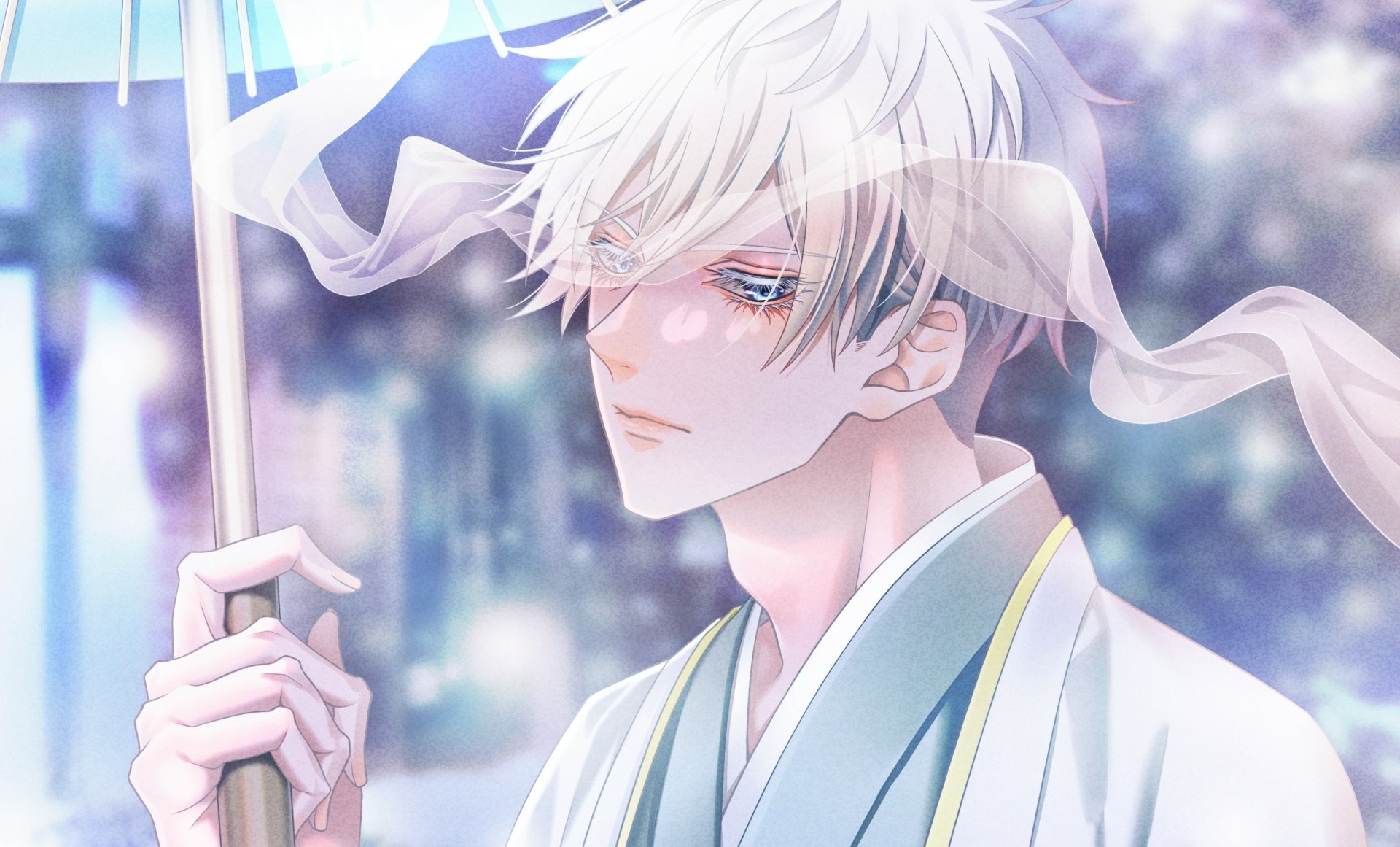 HD PC desktop wallpaper featuring Satoru Gojo from the anime Jujutsu Kaisen, depicted with white hair, holding an umbrella, and wearing traditional attire.