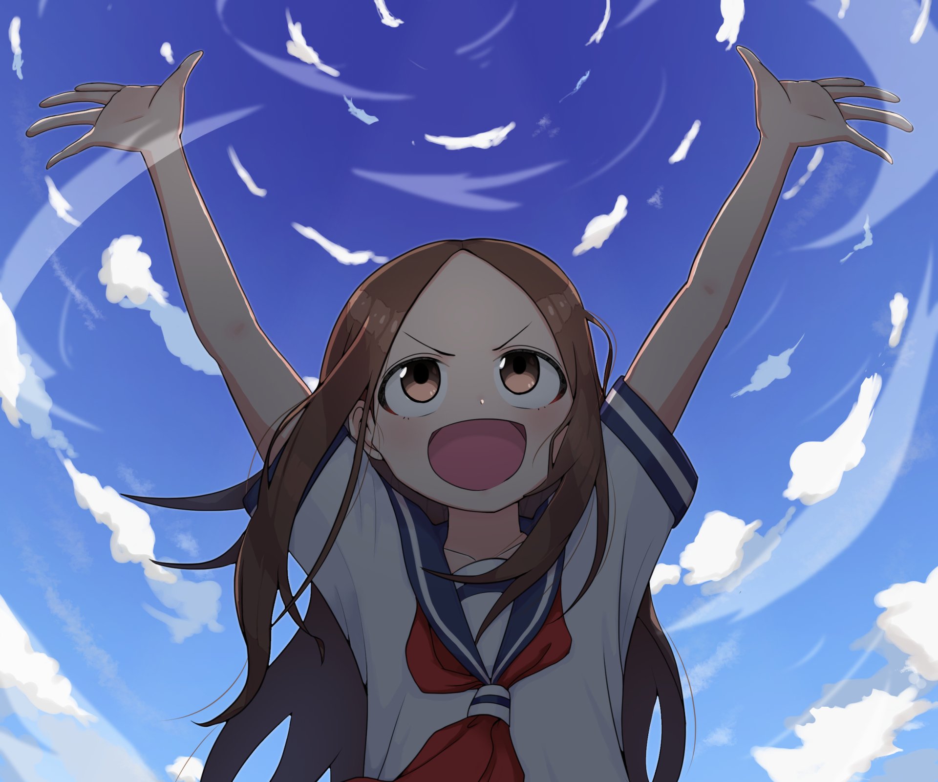 Takagi (Karakai Jouzu no Takagi-san) grinning with arms raised beneath a swirling blue sky — anime HD desktop wallpaper.