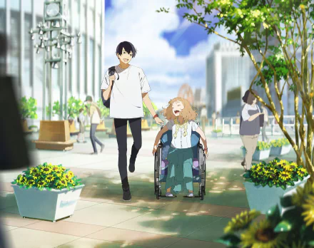 HD anime desktop wallpaper from Josee, the Tiger and the Fish featuring Tsuneo Suzukawa pushing Josee in a wheelchair along a sunny urban street.