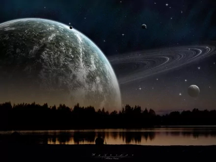Sci-Fi HD PC desktop wallpaper: a silhouetted figure by a lake watches a massive ringed planet and moons rising above a dark forest, stars and planetary rings reflected in the water.