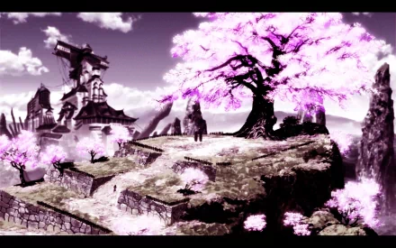 HD PC desktop wallpaper featuring a vibrant pink cherry blossom tree in a stylized landscape from the anime Afro Samurai: Resurrection.