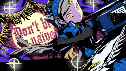 HD PC desktop wallpaper featuring Lavenza from the video game Persona 5 Royal, showcasing her with a confident expression and a bold, stylized background.