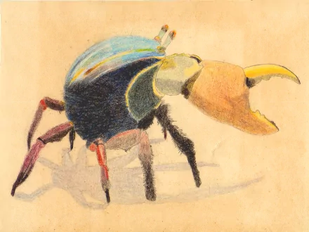 Artistic HD desktop wallpaper featuring a colorful crab illustration with detailed textures and vibrant hues on a soft beige background.