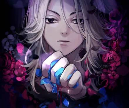 4K Ultra HD anime wallpaper featuring Mikey Manjiro Sano from Tokyo Revengers, with detailed shading, vibrant roses, and a dark, dramatic background.