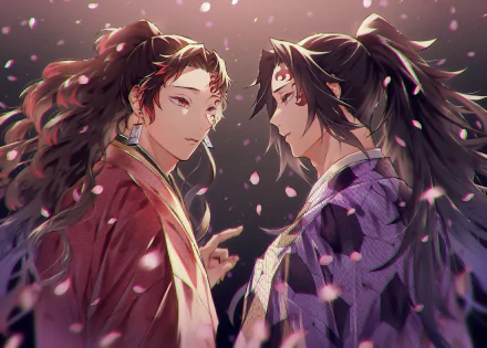 HD PC desktop wallpaper of Kokushibo and Yoriichi Tsugikuni from Demon Slayer: Kimetsu no Yaiba, an anime scene of the two facing each other as cherry blossoms drift around them.
