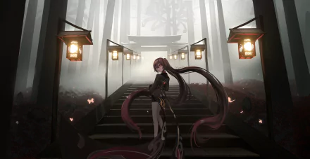 HD PC desktop wallpaper featuring Hu Tao from Genshin Impact standing on a misty forest staircase illuminated by traditional lanterns.