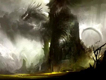 Fantasy-themed HD desktop wallpaper depicting a majestic dragon looming over a dark, mystical tower amidst a foggy, atmospheric landscape.