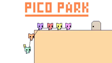HD desktop wallpaper featuring colorful characters from the game PICO PARK, climbing a blocky terrain with the game's logo above.