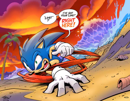 HD PC desktop wallpaper featuring a dynamic comic-style Sonic the Hedgehog racing with intense speed against a fiery sky backdrop.