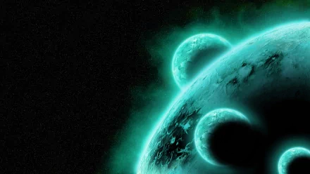 Sci-fi HD PC desktop wallpaper: a glowing teal planet with two smaller moons and luminous aura floating against a starry black space background.