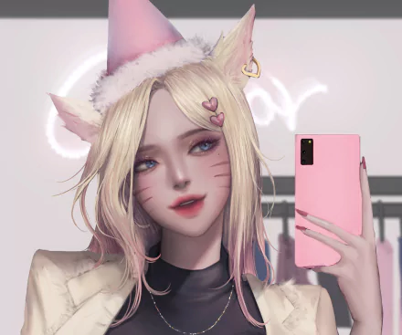K/DA Ahri from the video game League of Legends selfie wallpaper: 2K Quad HD PC background of pink-hued Ahri with fox ears, heart stickers, holding a pink phone.