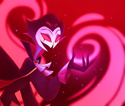 HD PC desktop wallpaper featuring Stolas from the TV show Helluva Boss, showcasing vibrant red and pink swirling backgrounds with the character's confident pose.