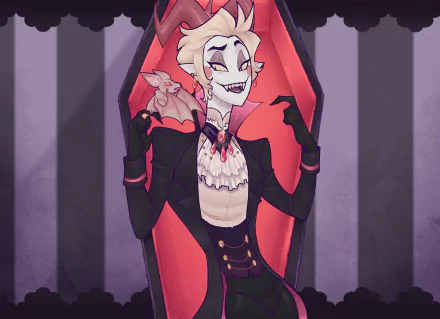 HD PC wallpaper of Lucifer (Hazbin Hotel): grinning vampiric gentleman in a ruffled shirt and dark suit, lounging in a red-lined coffin against a vertically striped purple backdrop.