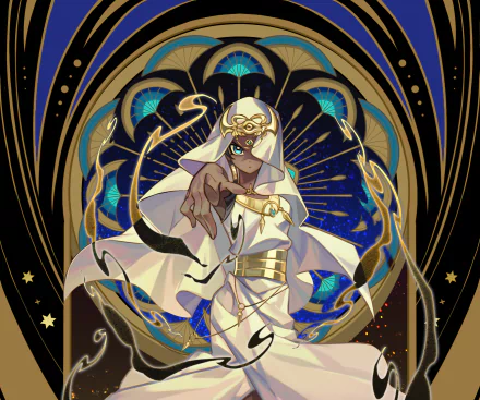 Ishizu Ishtar (Yu-Gi-Oh! anime) in white Egyptian robes and gold headdress, reaching outward before a blue-and-gold art‑nouveau emblem — HD PC desktop wallpaper/background.