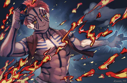 HD PC desktop wallpaper featuring Akaza from the anime Demon Slayer: Kimetsu no Yaiba with fiery effects and dynamic action scene.