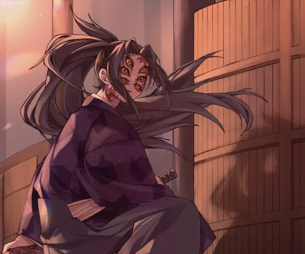 HD PC desktop wallpaper featuring Kokushibo from the anime Demon Slayer: Kimetsu no Yaiba, showcasing his distinctive multiple eyes and flowing hair in a dynamic pose.