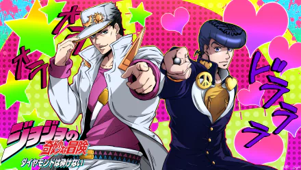 HD PC desktop wallpaper featuring vibrant anime art of two characters from Jojo's Bizarre Adventure, posed dynamically against a colorful background with hearts and stars.