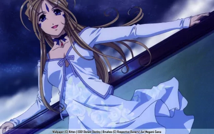 Belldandy (Ah! My Goddess) anime HD PC desktop wallpaper — Belldandy in a flowing white dress leaning on a railing beneath a starry night sky.