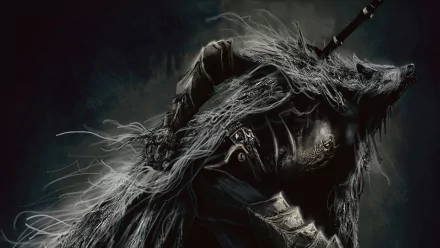 HD PC desktop wallpaper featuring a dark, armored character from the video game Elden Ring, enveloped in ethereal white strands against a shadowy background.