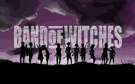 HD anime desktop wallpaper featuring silhouetted characters from Strike Witches with a dramatic purple sky and the bold title Band of Witches in the background.