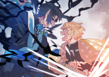 HD PC wallpaper featuring Kaigaku and Zenitsu Agatsuma from the anime Demon Slayer: Kimetsu no Yaiba in an intense, dynamic confrontation scene.