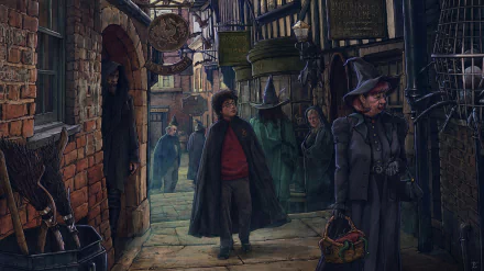 HD PC desktop wallpaper featuring a scene from Harry Potter and the Chamber of Secrets, depicting Harry walking through a wizarding alley with magical characters.