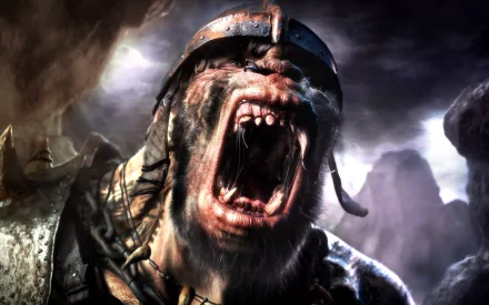 A high-definition fantasy wallpaper featuring a fierce, roaring creature with armor and a helmet, set against a dark, stormy background.