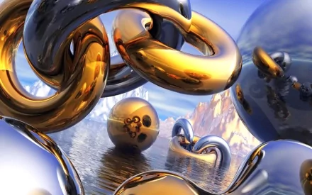 3D CGI abstract wallpaper with interlocking gold and metal spheres over water, reflecting a vivid, mirrored landscape in HD resolution.