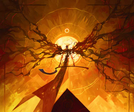 HD PC desktop wallpaper depicting a fiery, abstract figure with branching, dark limbs against a glowing orange background, inspired by the video game Elden Ring.