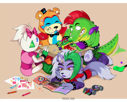 HD PC desktop wallpaper featuring colorful characters from the video game Five Nights at Freddy's: Security Breach engaged in playful activities.