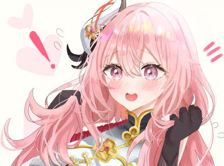 Shinju Inui (My Dress-Up Darling) HD PC desktop wallpaper: close-up anime of a blushing pink-haired girl in ornate outfit, excited smile and flowing hair.