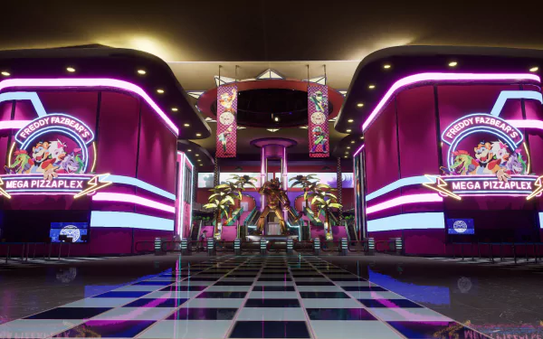 HD PC desktop wallpaper featuring the neon-lit Mega Pizzaplex from the video game Five Nights at Freddy's: Security Breach with vibrant colors and futuristic design.
