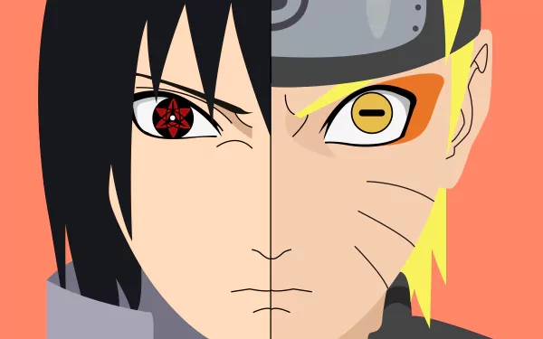 Split image of Naruto Uzumaki with Sage Mode eyes and Sasuke Uchiha with Mangekyō Sharingan, anime style, shown in 8K Ultra HD PC desktop wallpaper quality.
