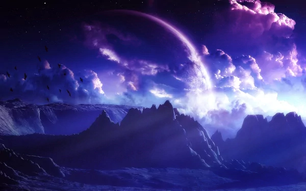 HD sci-fi desktop wallpaper showing a dramatic purple-hued alien landscape with jagged mountains and a large planet rising through swirling clouds.
