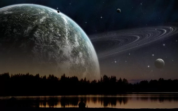 Sci-Fi HD PC desktop wallpaper: a silhouetted figure by a lake watches a massive ringed planet and moons rising above a dark forest, stars and planetary rings reflected in the water.