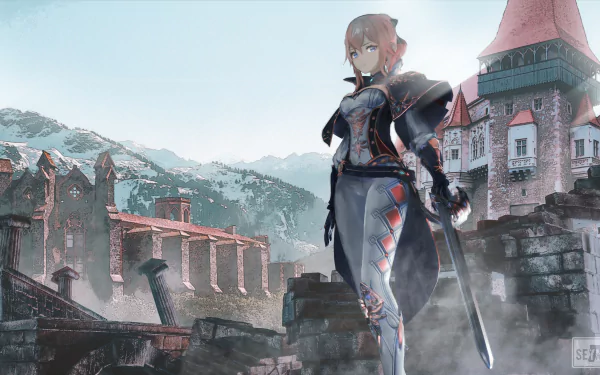 Jean from Genshin Impact stands poised in detailed armor against a medieval city backdrop in this 4K Ultra HD PC desktop wallpaper.